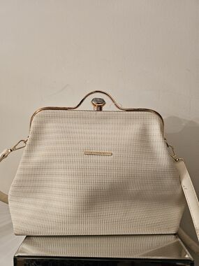 Textured Cream Frame Satchel with Gold Hardware